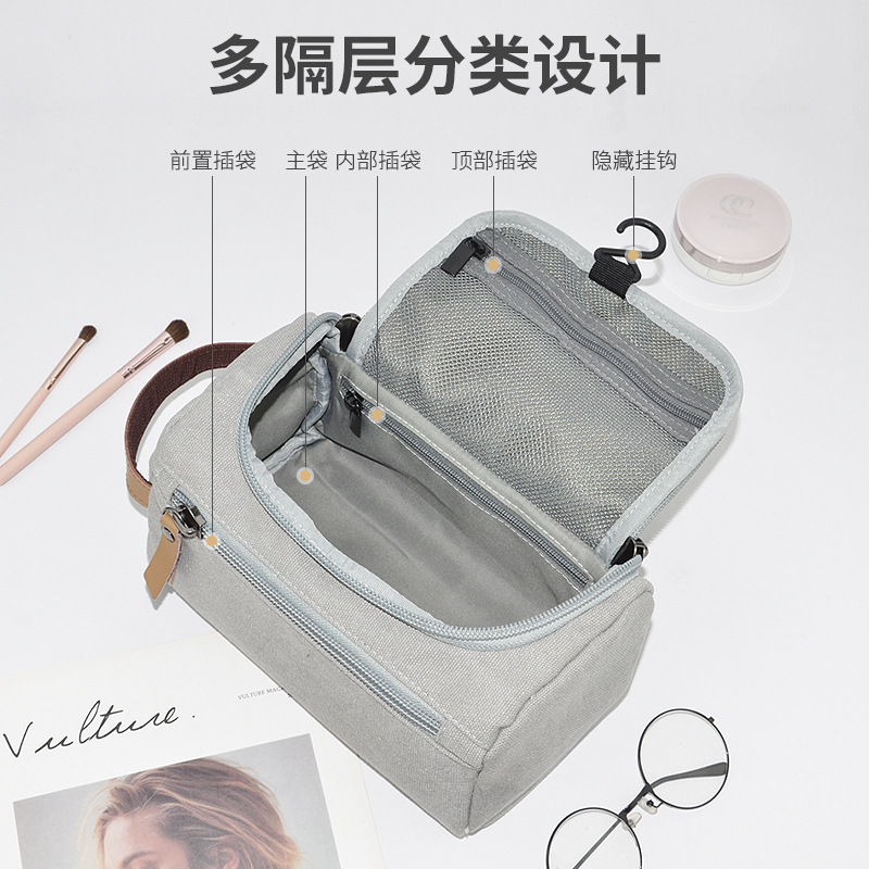 Picture of Men's Canvas Cosmetic Bag Women's Portable Portable Large Capacity Hook Multi-Layer Travel Business Aviation Toiletry Bag