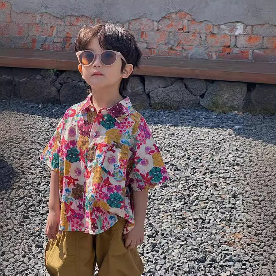 Boys' Summer Hong Kong Style Shirt Korean Style Girls' Children's Wear Short-sleeved Baby's Full Printed Shirt Children's Half-sleeved Top