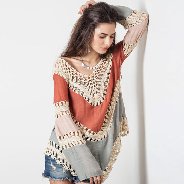 Picture of 2018 New Seaside Holiday Seven-point Sleeve Color Matching Beach Sun-protective Clothing Women's Bikini Blouse Swimwear Coat