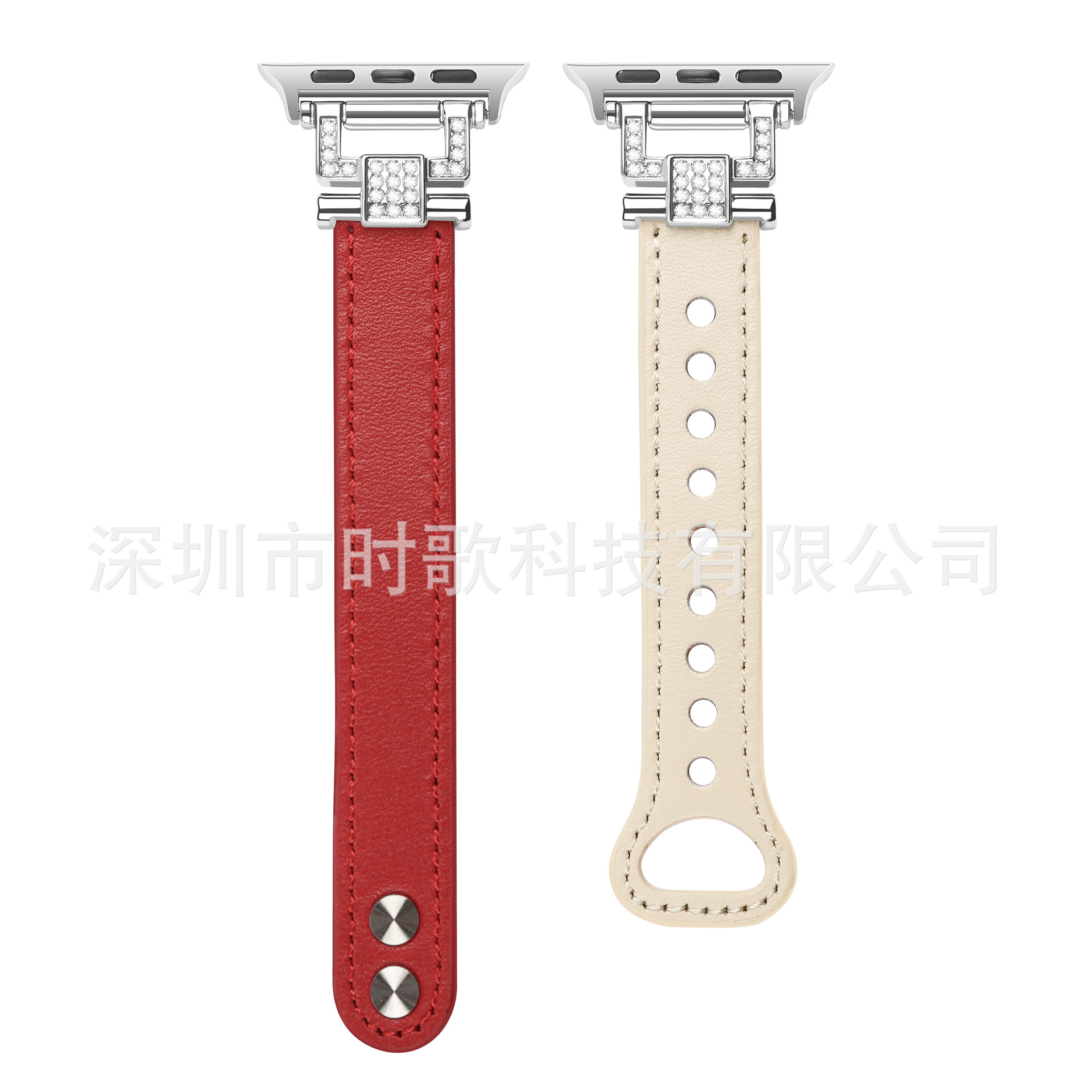 Picture of Suitable for Apple Watch strap double nail color matching diamond head grain appleiwatch9 thin strap leather small waist