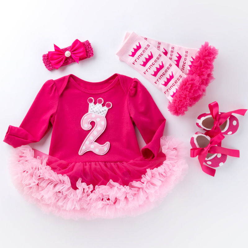 Picture of Cross-border foreign trade baby long-sleeved one-piece dress baby pink yarn dress socks suit girls' holiday children's dress 4-piece set