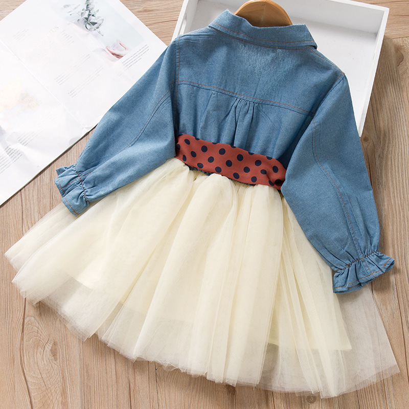 Picture of Autumn New Korean Style Girls' Dress Small and Medium-sized Children's Fashionable Long-sleeved Denim Vessel Skirt Polka Dot Belt Skirt 2208
