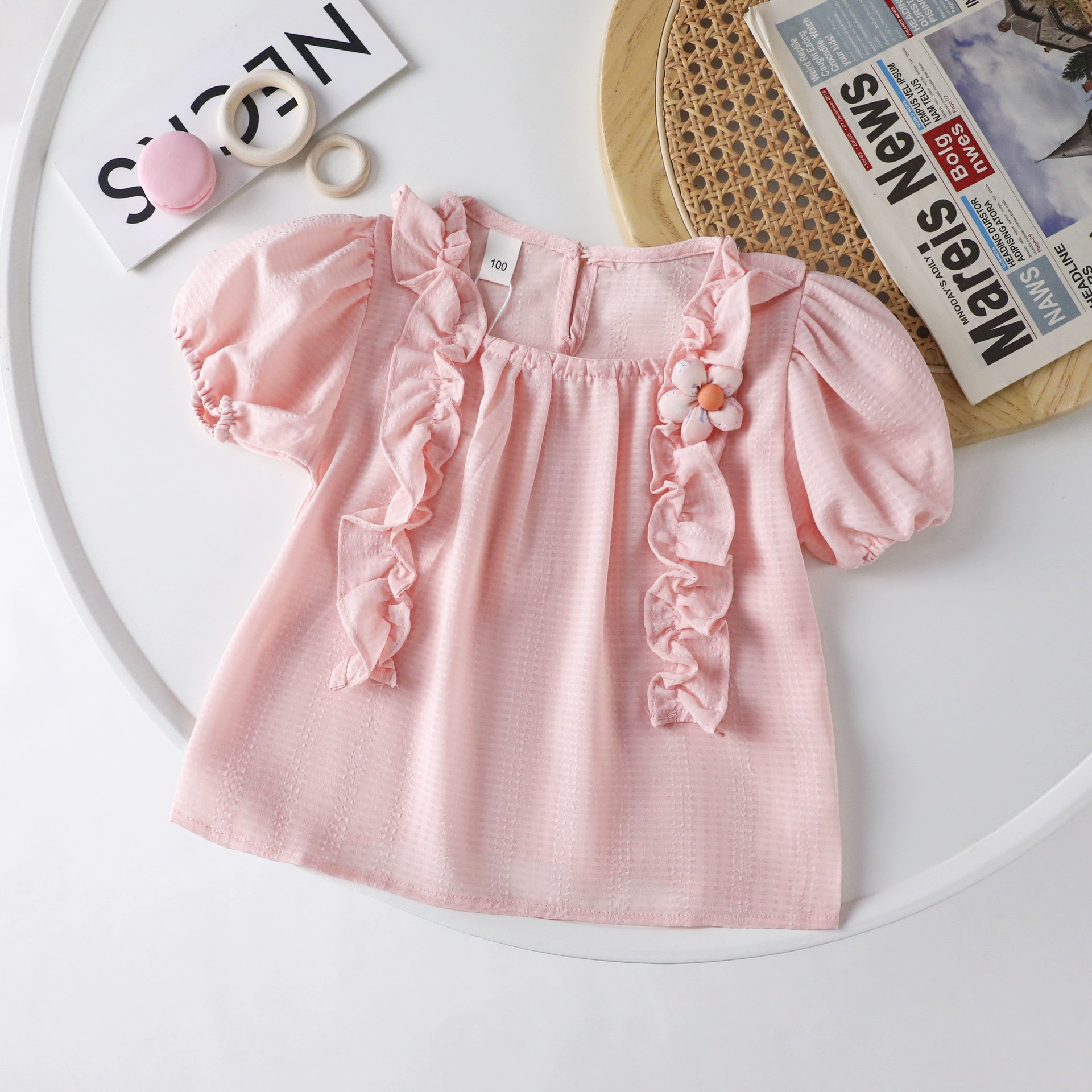 Picture of Girls Summer Shirt 2025 New Baby Girl Fashionable Puff Sleeve Ruffled Princess Style Chiffon Short Sleeve Sun Protection