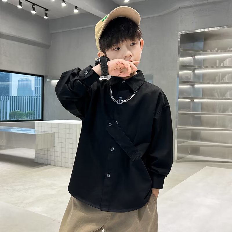 Children's Long-sleeved Shirt Autumn Internet Popular New Black Western Style Lapel Shirt Handsome Fried Street New Top