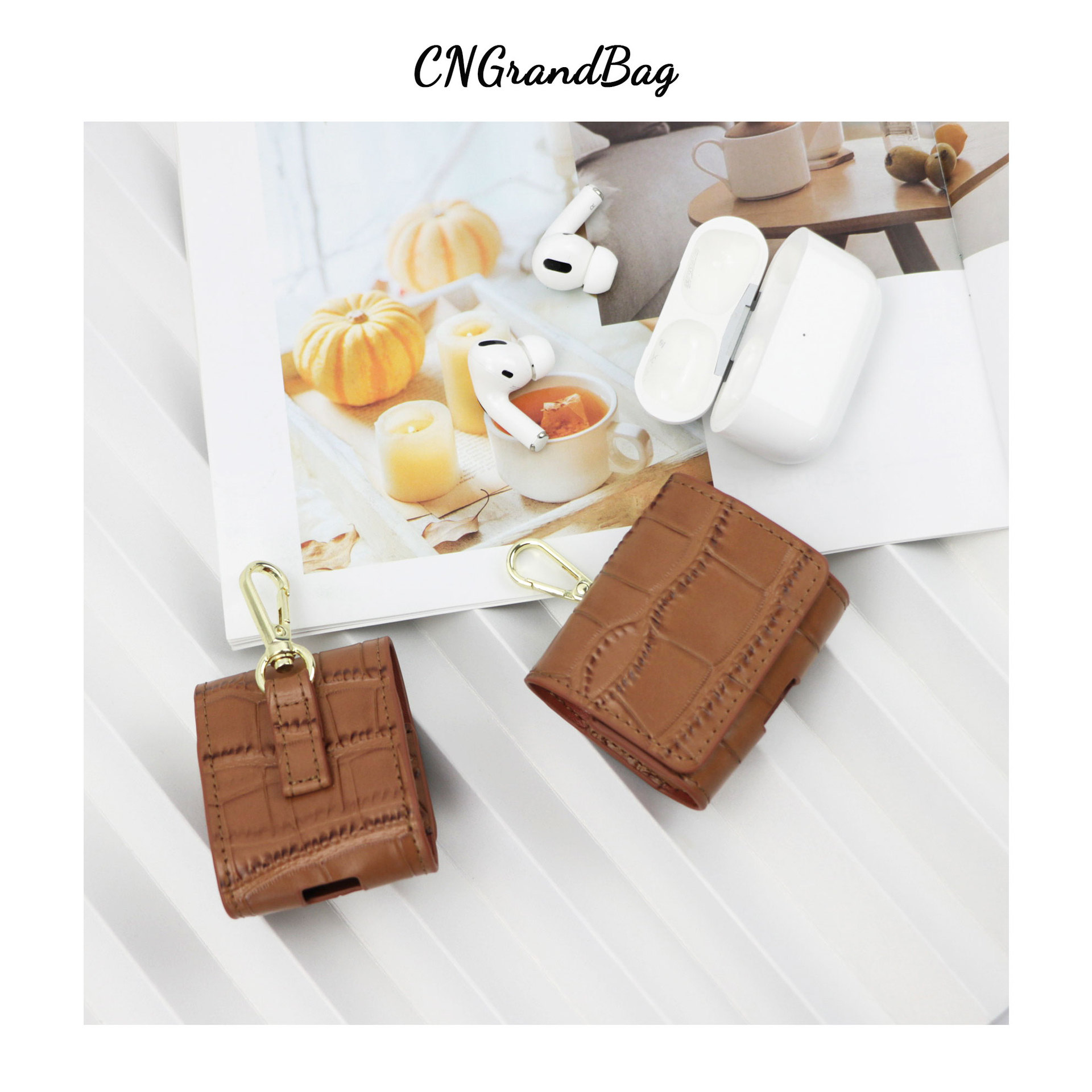 Picture of Cross-border Genuine Leather Crocodile Pattern Wireless Bluetooth Earphone Case Protective Cover with Hook for airpods 1/2/pro