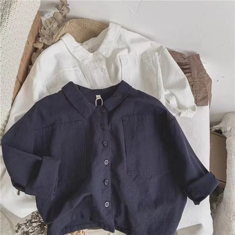 Children's Shirt Japanese Style Retro Bat Sleeve Lapel Cotton Linen Spring and Autumn Boys' Baby Top Boys' Outer Wear Pullover