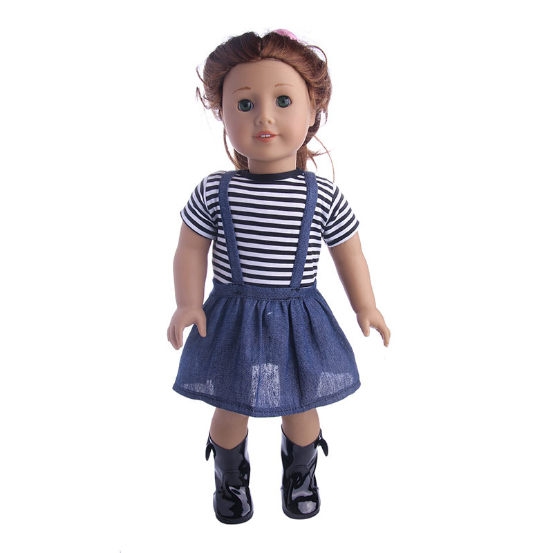 Picture of New 18 inch American doll accessories denim suspenders 43cm summer doll clothes set factory straight hair