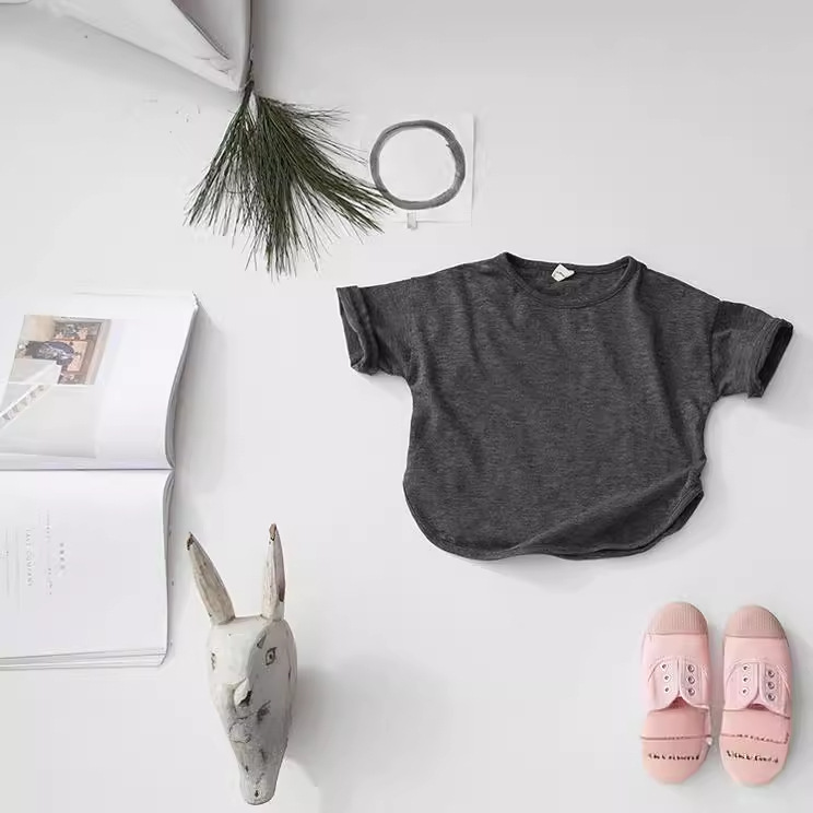 Picture of New Summer Girls' T-Shirt Short-Sleeved Kidsren's Tops Korean Style Loose Pure Color Round Neck Boys' Bottoming Shirt Bamboo Cotton