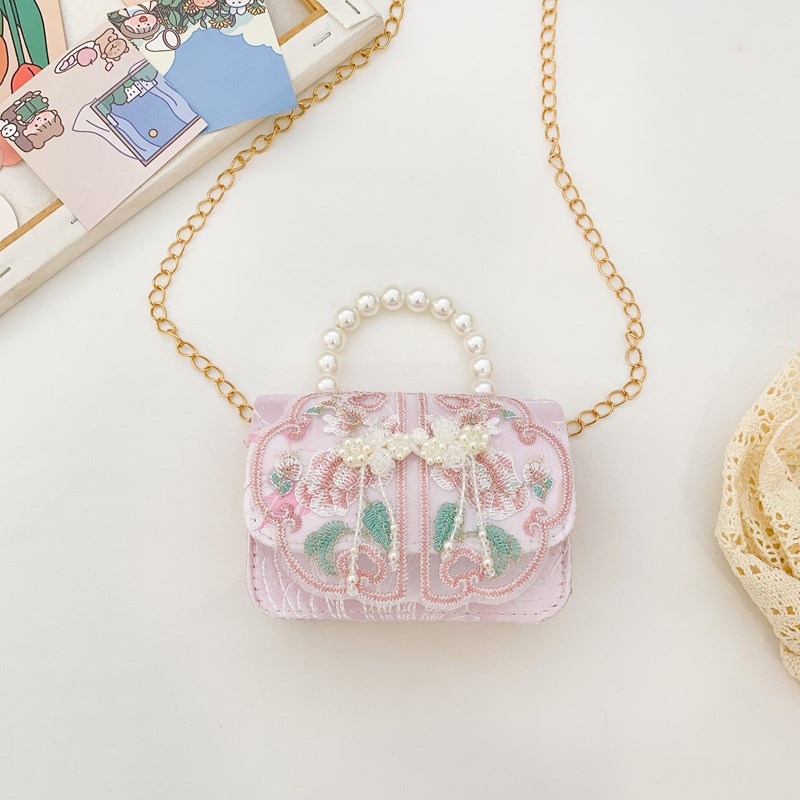 Picture of Ethnic Embroidered Children's Pearl Handbag Girl's Small Change Bag Fashion Cute Princess Chain Crossbody Bag