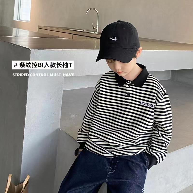 Picture of Spring and Autumn New Children's Long-sleeved POLO Shirt Black and White Striped Korean Top for Boys and Girls