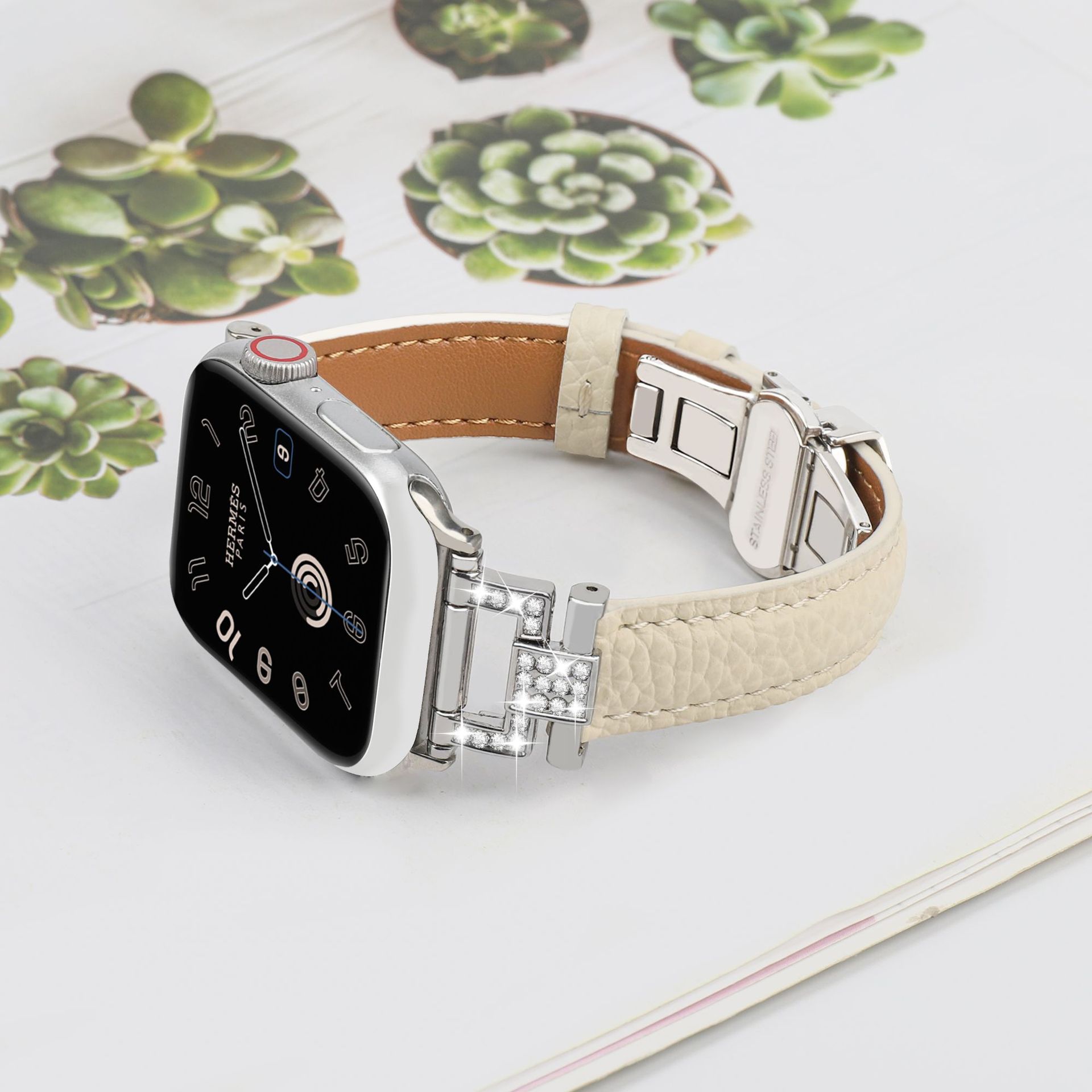 Picture of Suitable for Apple Watch strap Y head appleiwatch98 small waist lychee pattern leather butterfly buckle strap