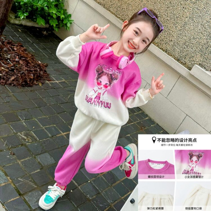 Picture of Girls Casual Gradient Suit Baby Girl Cartoon Sweatshirt Spring Autumn Winter Clothing Little Girl Fashionable Two-Piece Set Trendy Ready Stock