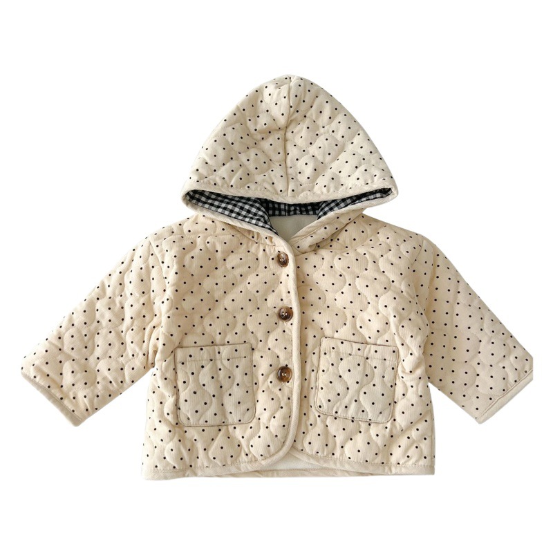 2025 Winter Children's Cotton Clothes Thickened Embossed Polka Dot Western Style Baby Baby Cotton Clothes Warm Hooded Jackets Cotton Jackets