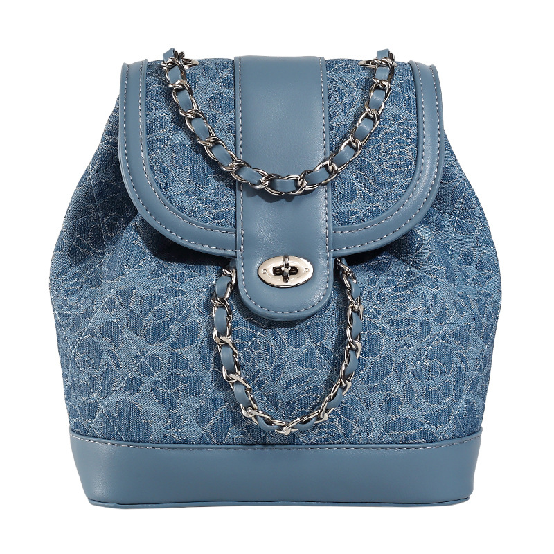 Picture of 2025 New Denim Blue Chain Backpack Niche Light Luxury Fashion Easiest for Match Travel Large Capacity Handbag for Women