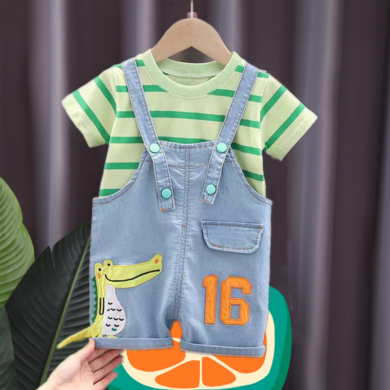 Picture of Summer New Children's Cartoon Dinosaur Short-sleeved Suspender Pants Set Round Neck Printed Short-sleeved Shorts Two-piece Set