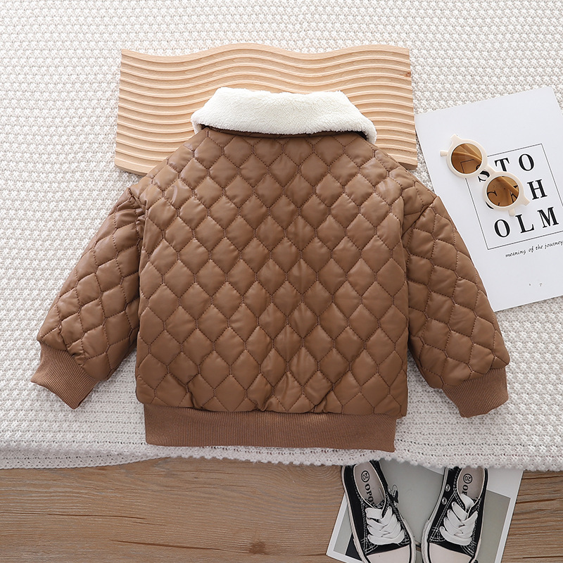 Picture of Children's Leather Cotton-padded Coat Winter 2023 New Boys Korean Style Lapel fleece-lined Thickened Cartoon Cotton-padded Coat Trendy