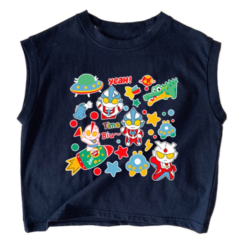 Pure Cotton Baby Kidsren's Sleeveless T-Shirt 2025 Cartoon Animation Ultraman Superman Boy Vest Sweatshirt Top Summer