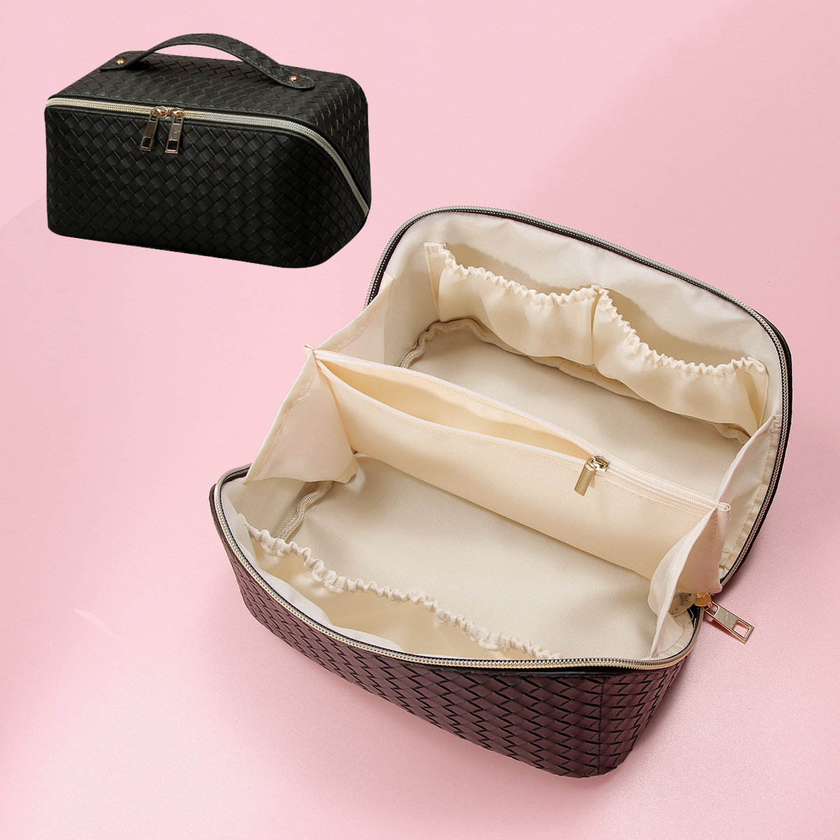 Picture of Amazon Wash Bag for PU Leather Small Checkered Textured Storage Large Capacity Multi-functional Cosmetic Bag Advanced Sense