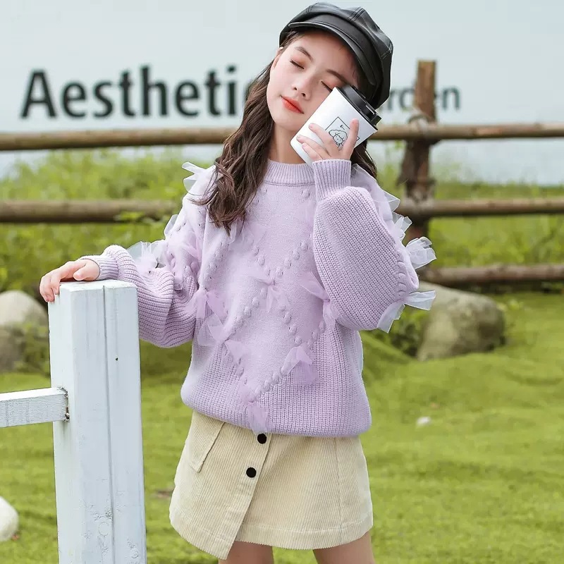 Girl's Autumn Sweater Children's Wear New Children's Western Style Girl's Spring and Autumn Bow Knitted Base Shirt Wool Top