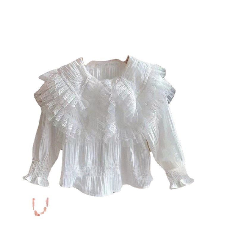 Picture of Girls' Shirt Children's Spring and Autumn Clothes Korean Style Western Style White Lace Shirt with Large Lapel for Baby Long Sleeve Top