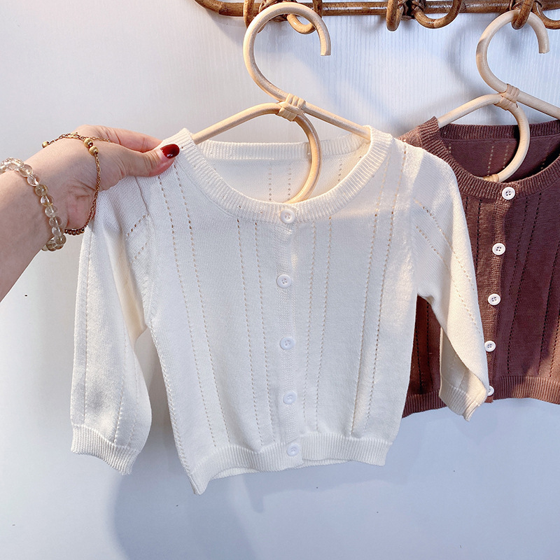 Korean Children's Clothing Baby Cardigan Outwear Spring & Fall Thin Summer Short-Sleeved Girl Baby Knitted Summer Clothing Round Neck Category a