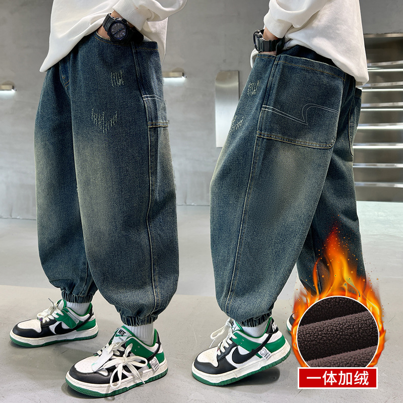 Picture of Boys' Pants Autumn and Winter 2025 New Style for Older Children, Boys' Winter Casual Pants, Children's Fleece-Lined Thickened Jeans