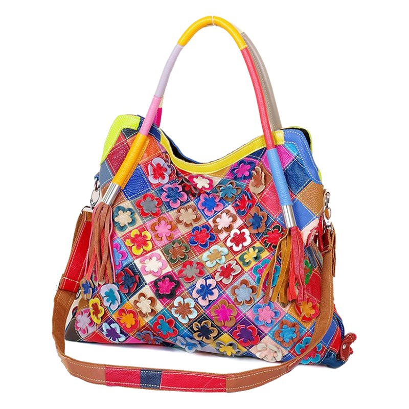 Cross-border best selling leather women's bags wholesale colorful color contrast handmade flower personality ladies shoulder slung leather bags