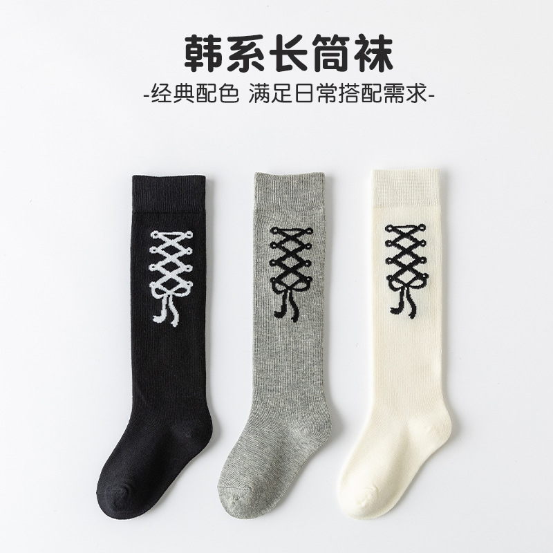Picture of Girls' calf socks black and white gray bow high socks 3-12 years old girls' pile socks autumn children's socks