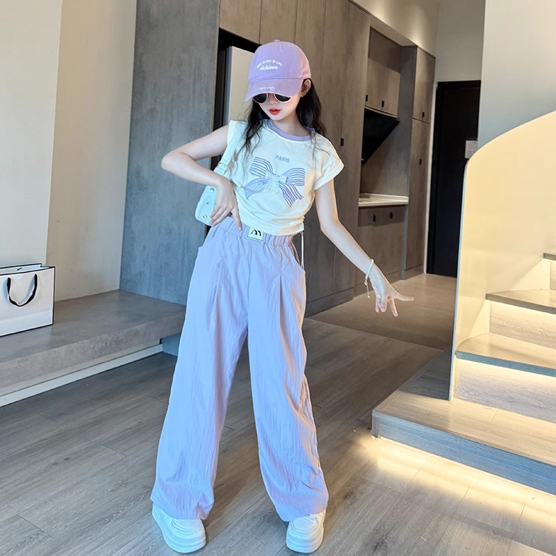 Pure Cotton Top Girls Summer Suit 2025 Western Style Short-Sleeved t Medium and Large Children Loose Wide-Leg Anti-Mosquito Pants Two-Piece Set