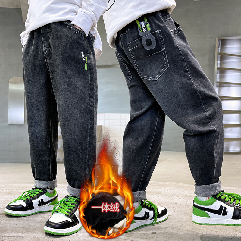 Picture of Boys' Pants Autumn and Winter 2025 New Style for Older Children, Boys' Winter Casual Pants, Children's Fleece-Lined Thickened Jeans