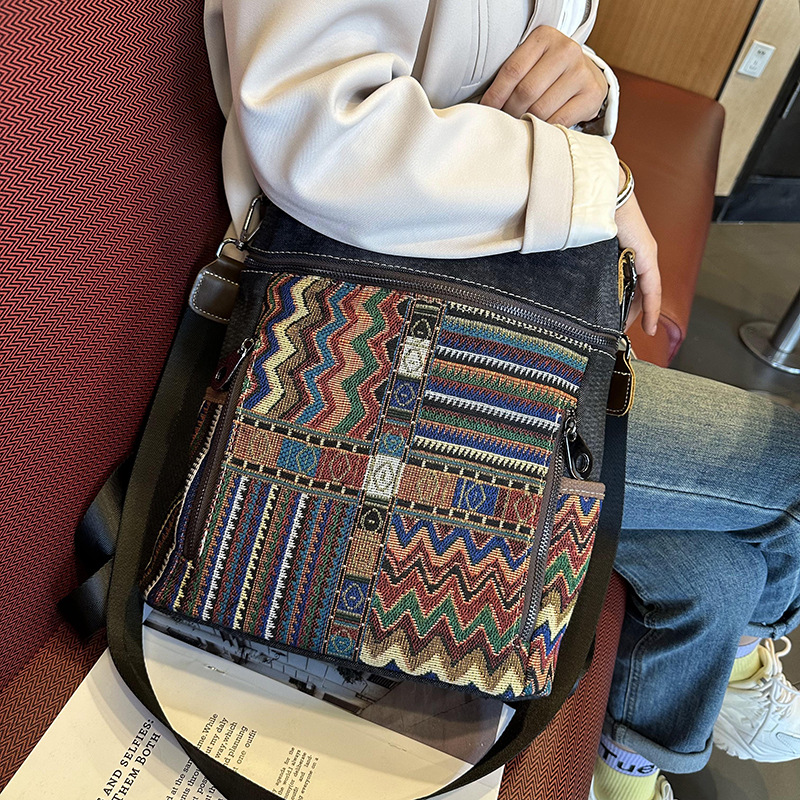 Picture of Vintage Ethnic Style Backpack Women's 2025 New Large Capacity Denim Bag Contrast Embroidered Dual-purpose Shoulder Bag