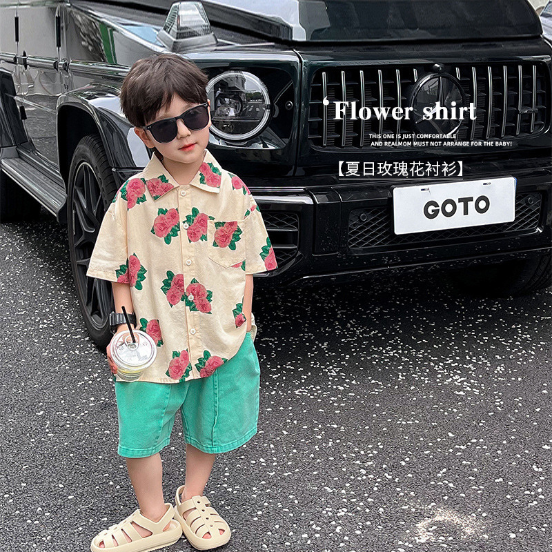 Children's Shirt 2024 Children's Cool Summer Clothing Korean Style Foreign Style Baby's Top Handsome Rose Full Print Boy's Shirt Trendy