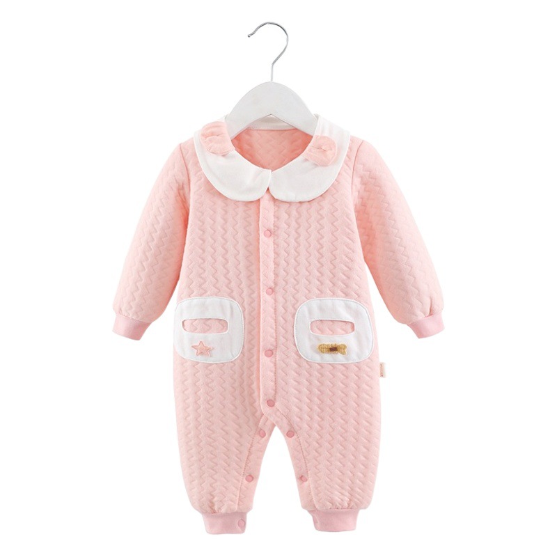 Baby's one-piece clothes for autumn and winter short-sleeved cotton three-layer warm baby thickened newborn climbing clothes with zipper