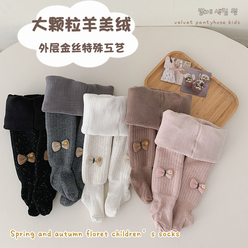 Children's pantyhose plus velvet padded autumn and winter new small flower bow pantyhose female baby warm bottomings wholesale