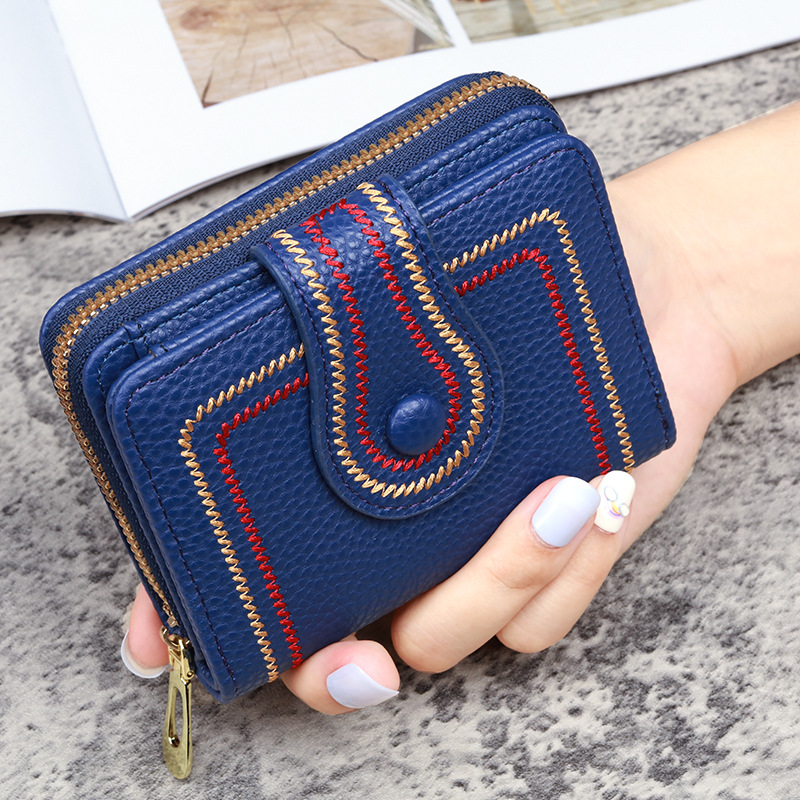 Picture of New Korean Women's Short Bag Zipper Buckle Wallet Lychee Embroidered Solid Color Coin Purse ID Card Bag