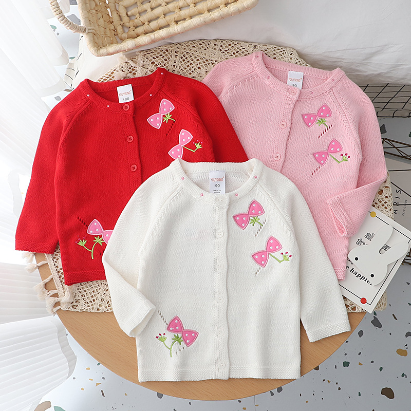 Children's Pure Cotton Knitted Sweater Jacket Embroidered Bow Female Treasure Cute Top Jacket Thin Shawl Girls' Cardigan