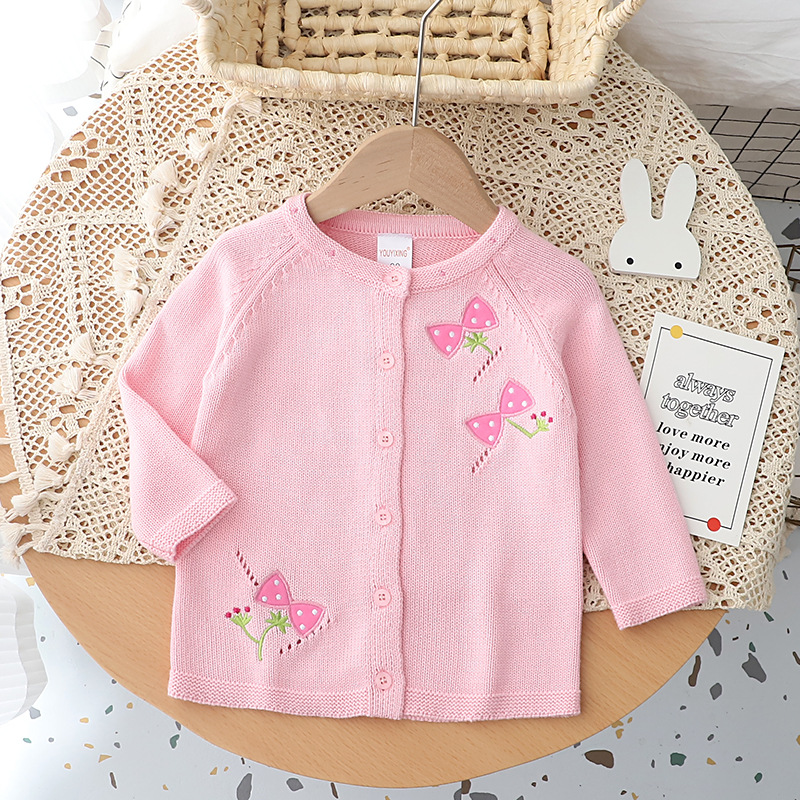 Picture of Children's Pure Cotton Knitted Sweater Jacket Embroidered Bow Female Treasure Cute Top Jacket Thin Shawl Girls' Cardigan