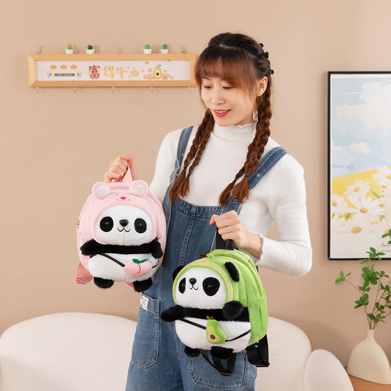 Picture of Panda Double Backpack Campus Handsome Children's Backpack Backpack Small Shoulder Bag Plush Toy Aocado Peach Panda Bag