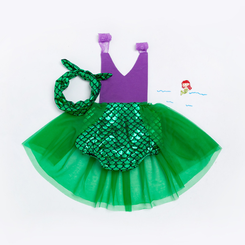 Picture of Baby Summer Mermaid Lace Suspender Dress 0-3 Years Old Cut Out Bellyband Skirt Hair Accessories Set Wholesale
