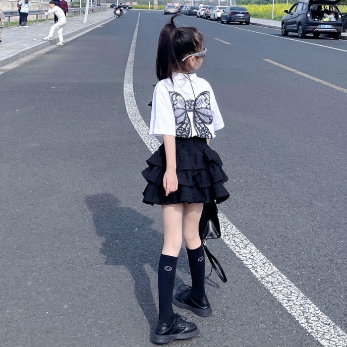 Picture of Girls Summer Suit 2025 New Cake Skirt, Fashionable Kidsren's Short-Sleeved T-Shirt, Fashionable Pleated Skirt Two-Piece Set