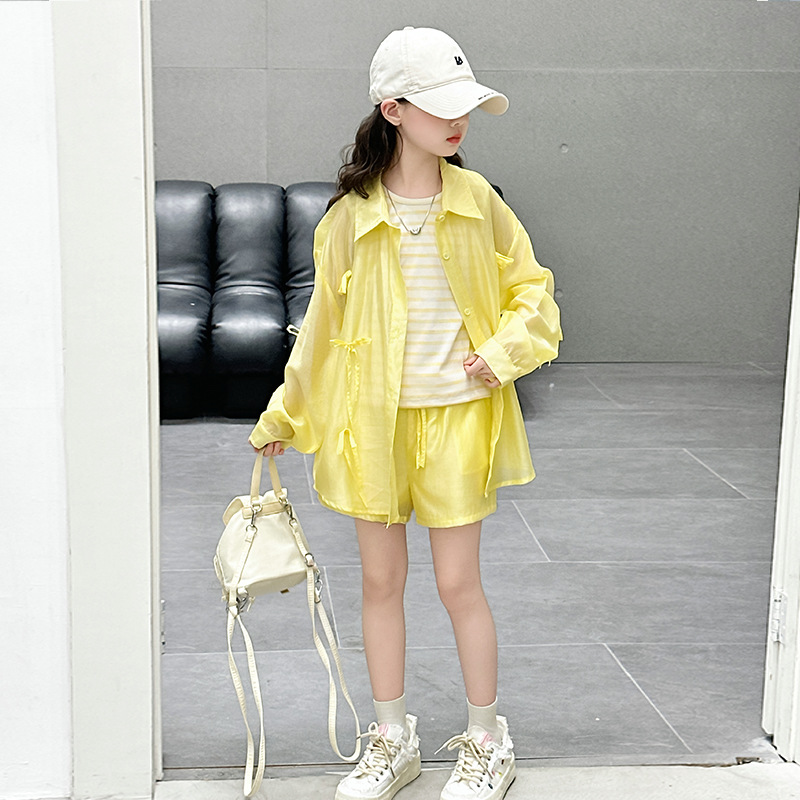 Picture of Girls' Sunscreen suit Summer 2025 New Arrival CUHK Children's Stylist Long-Sleeved Tencel Sunscreen Shorts Three-Piece Trendy Set