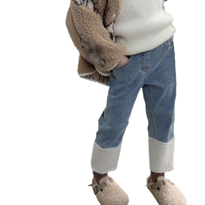Picture of Girls' fleece-lined jeans one-piece velvet thickened 2023 new baby Western style trousers children's autumn and winter slim pants