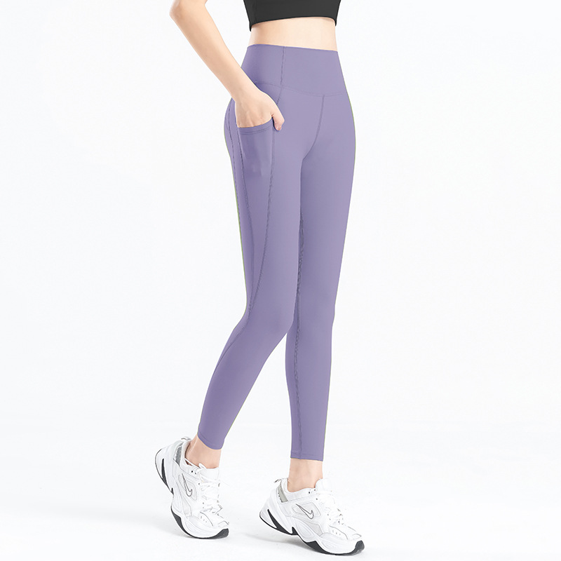 Picture of European and American Cross-border Peach Hip Fitness Pants Scrub Naked Summer Sports Tight Pocket High Waist Hip Yoga Pants for Women