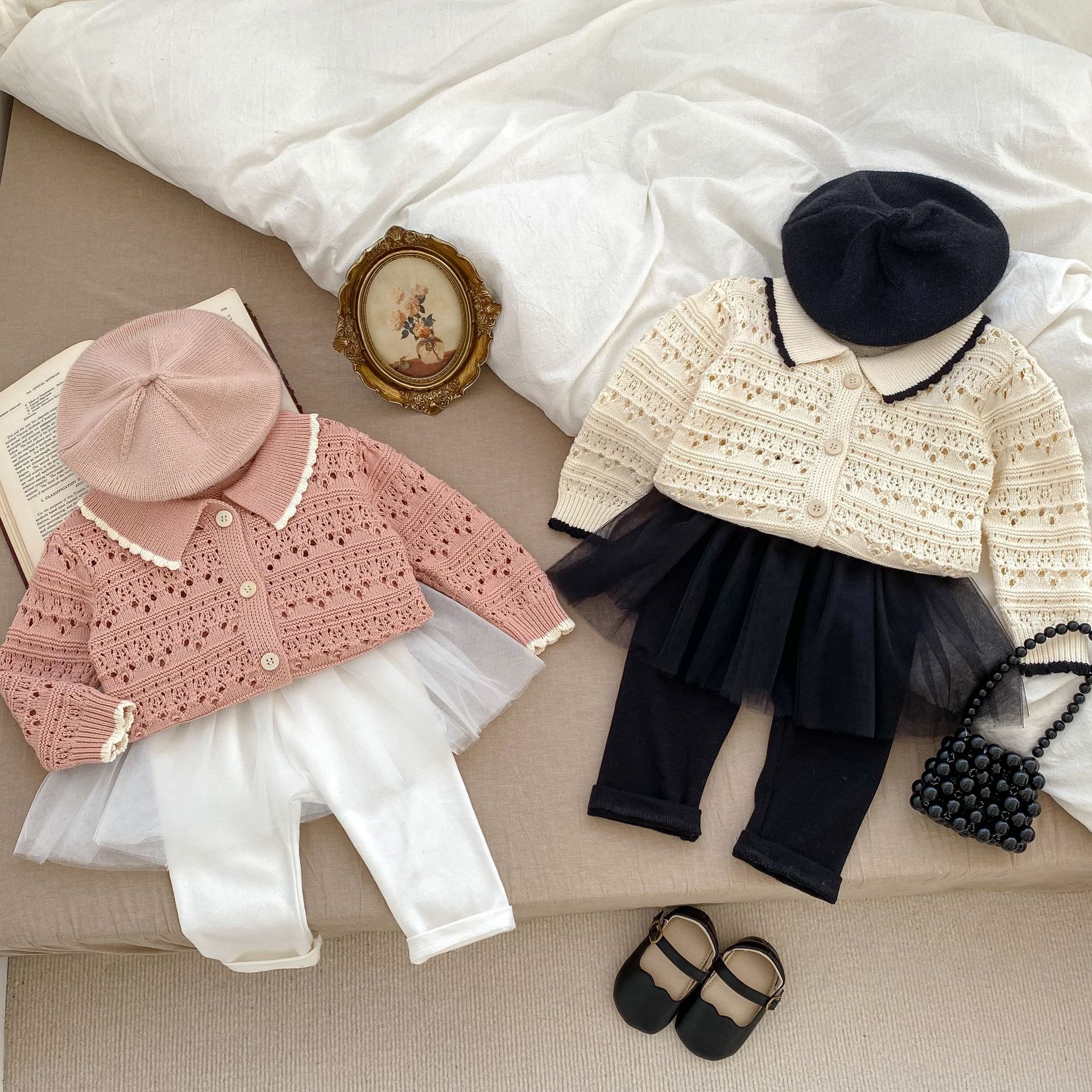 Picture of 2024 Spring Girls Baby Style Long Sleeve Cardigan Infant and Toddler Small Fragrance Lapel Knitted Hollow Sweater Jacket