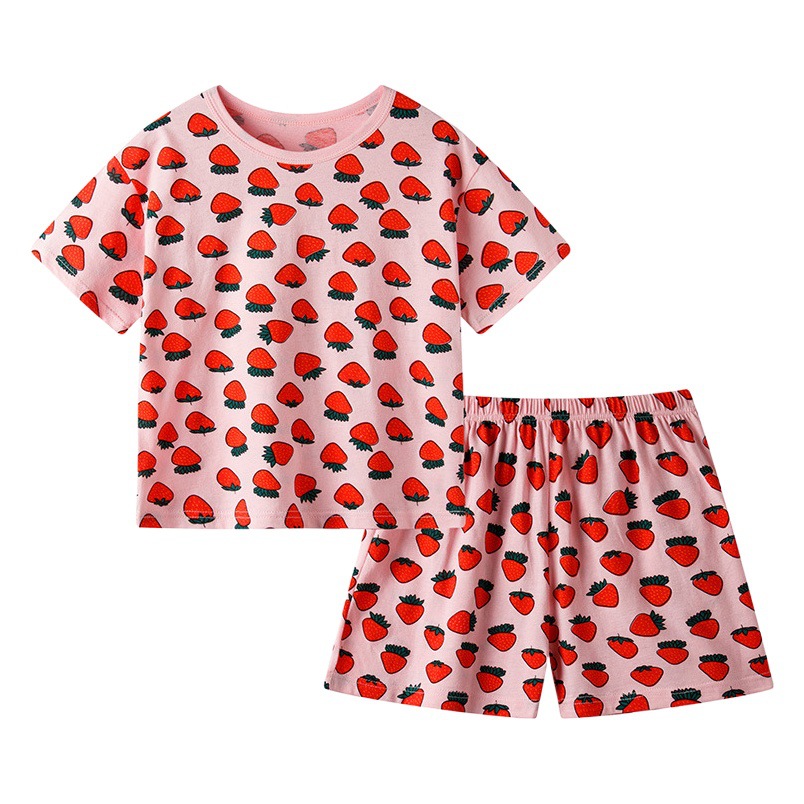 2024 New Kidsren's Summer Short-Sleeved Suit Home Clothes Pajamas Pure Cotton Thin Air-Conditioned Clothes Princess Girls Baby