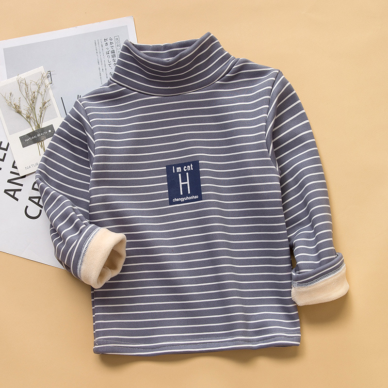 Picture of 2025 Kidsren's Bottoming Shirt Half Turtleneck Fleece-Lined Stripesd Long-Sleeved Warm Top for Boys and Girls Trbottomy Korean Style Autumn and Winter Kidsren's Clothing