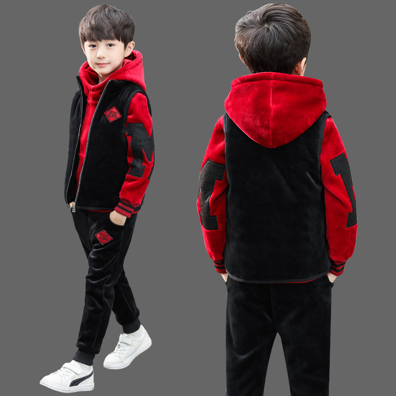 Boys Suit Velvet Thickeneded Autumn and Winter Clothing 2025 New Medium and Large Kidsren's Clothing Boys Sweatshirt Three-Piece Set Trendy