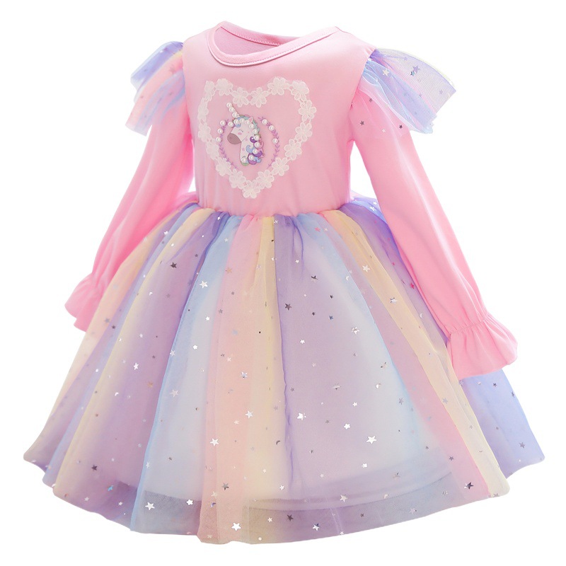 Girls' dress Spring and Autumn Long Sleeve Unicorn Birthday Children's Wear Girls' Western Style Rainbow Sequin Mesh Princess Dress