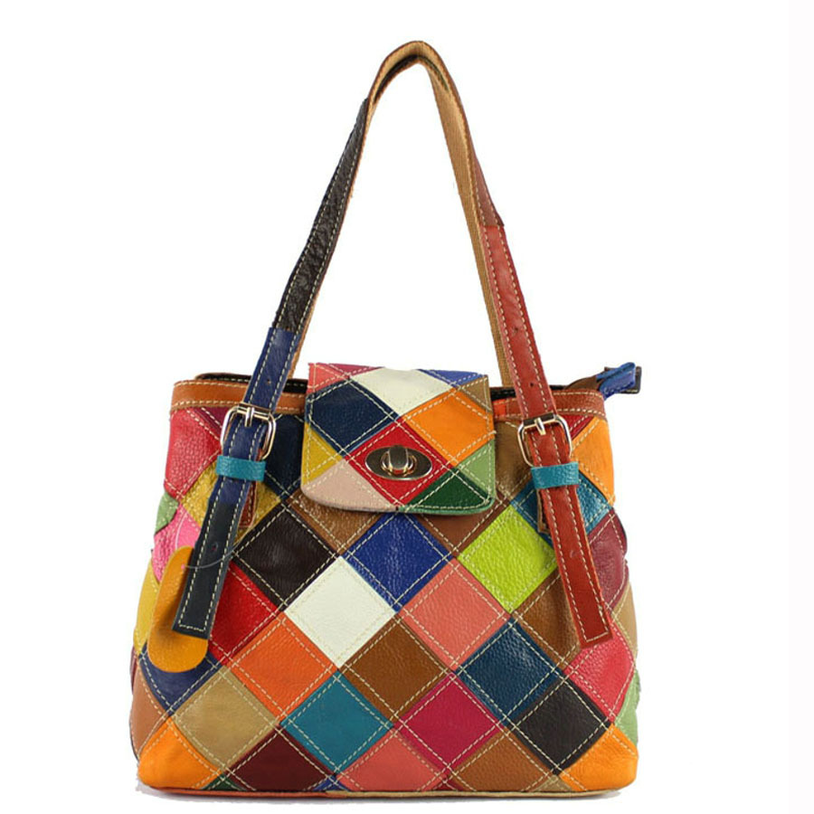 Women's Bags Wholesale Cowhide Hand-Held Crossbody Bag European and American Style Spliced Genuine Leather Women's Bag