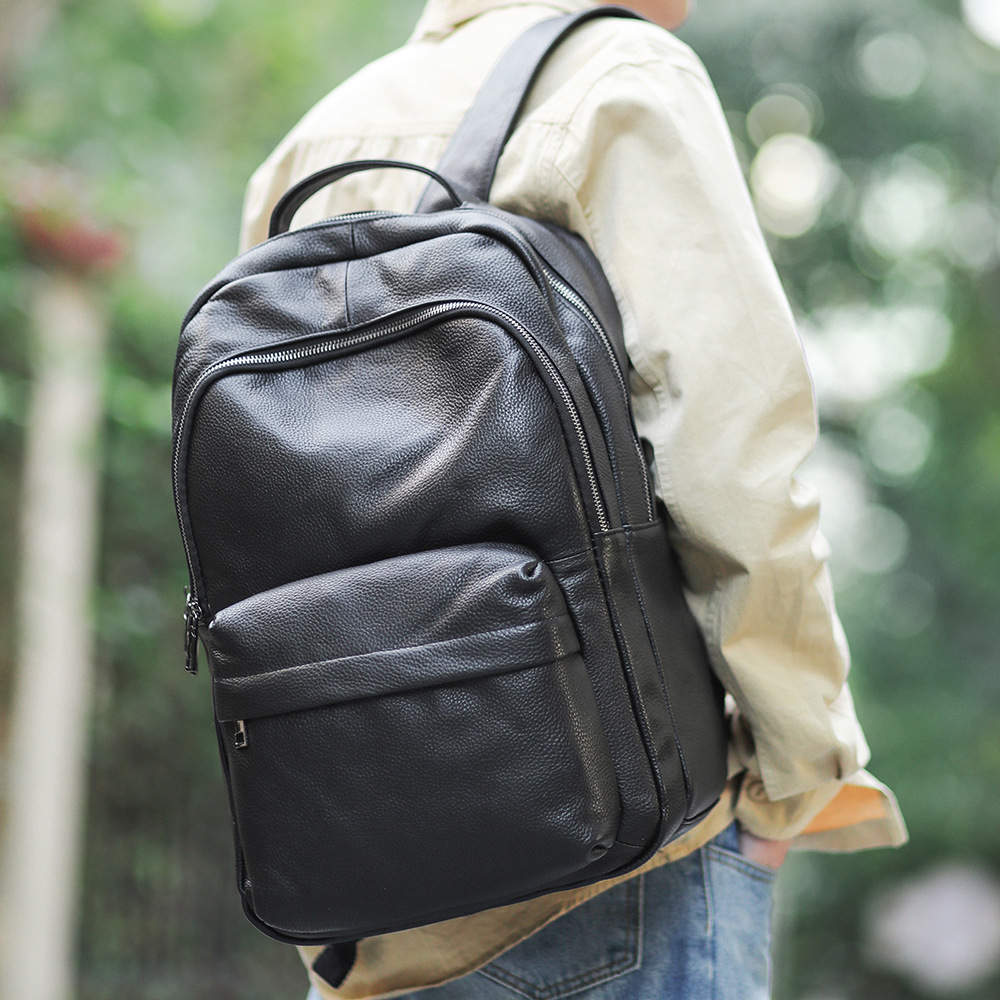 Real Cowhide New First Layer Cowhide Casual Men's Backpack Black Trendy Cool Genuine Leather Outdoor Backpack Bike Bag